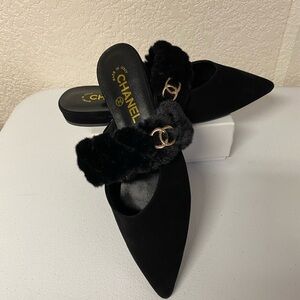 Chanel Black Mules with Fur and Gold Accents